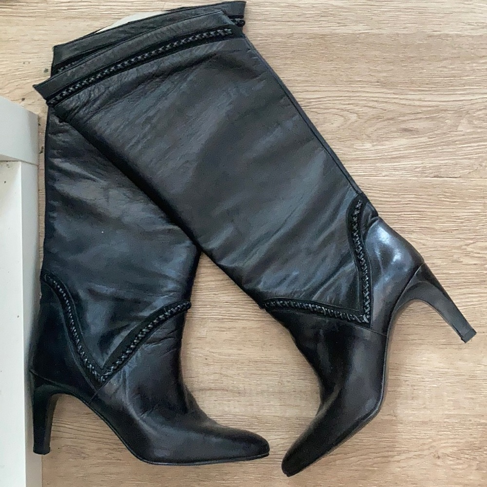 Vntg 80s RJS Buttery Leather Heeled Knee High Boots Pointy Toe Sz 8